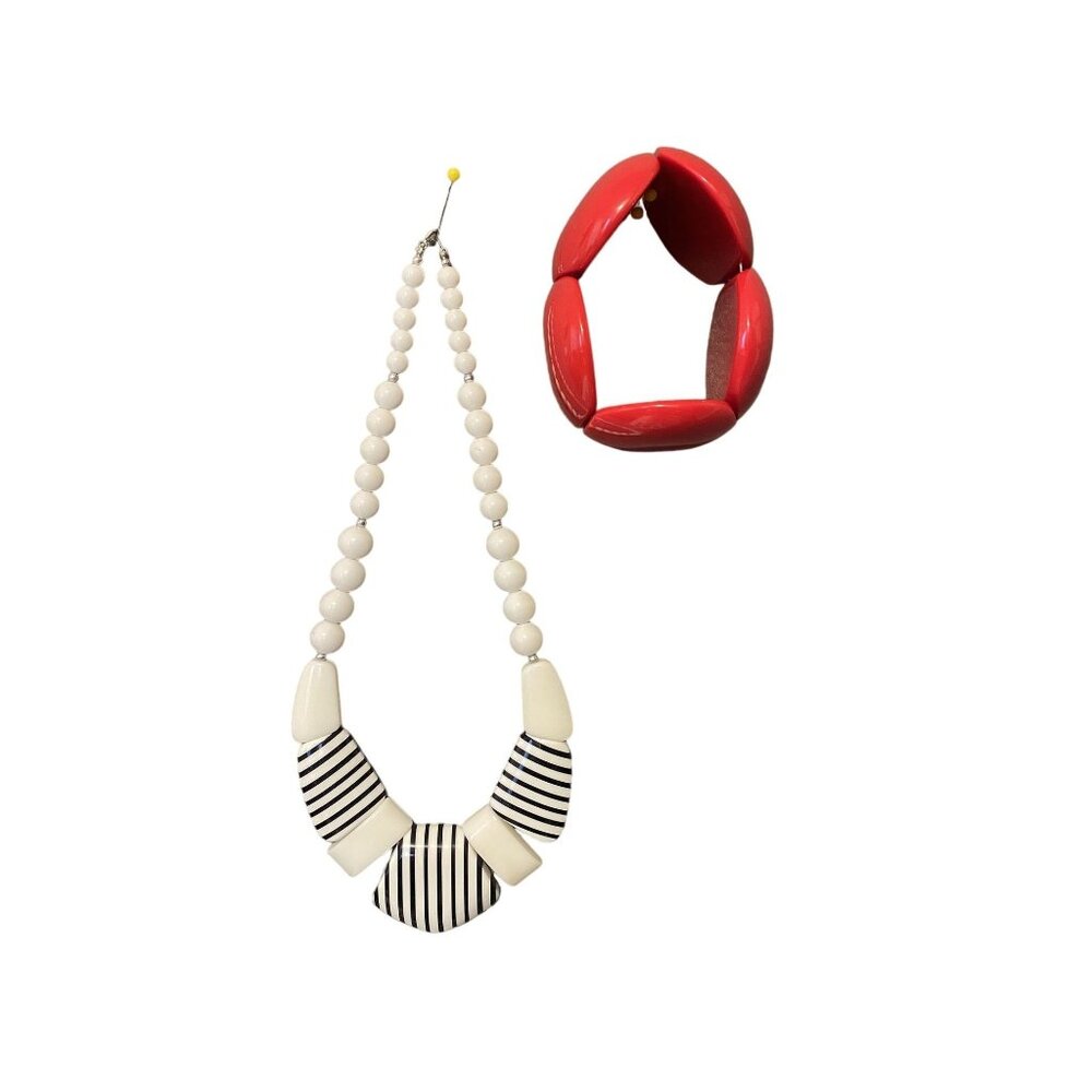 Vintage Black & White Beaded Nautical Necklace  Retro Red Stretch Bracelet